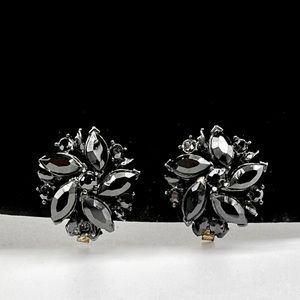 Vintage Black Flower with Rhinestones Clip on Earrings